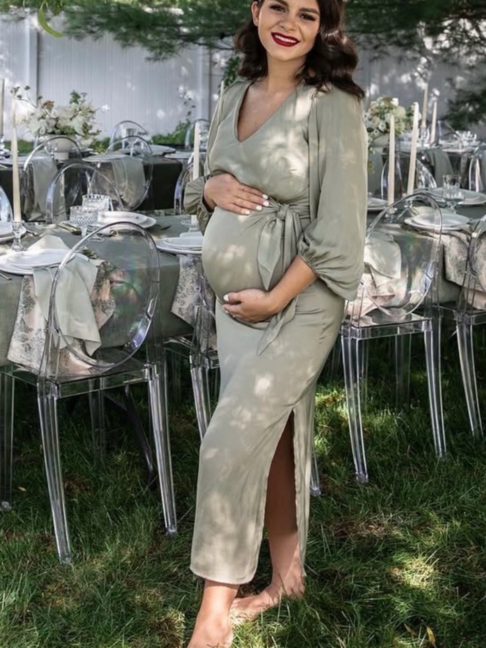 Petal & Pup Sage Green Maternity Wrap Maxi Dress-size 2